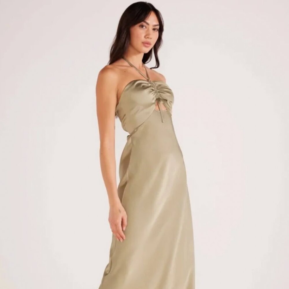 NWT MINKPINK Sage Green Satin open-back halter midi gown XXLARGE